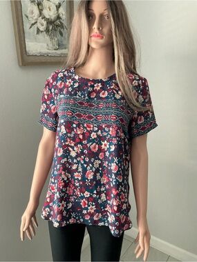 LOFT Navy Floral Short-Sleeve Blouse with Pink Accents